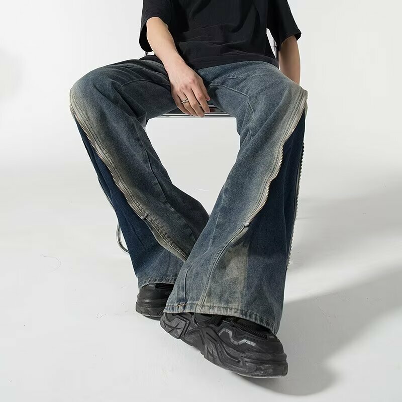 Jeans largos retos com zíper para homens, roupas de grife, calças jeans vintage azuis masculinas, streetwear, Y2K, Kanye, 2024