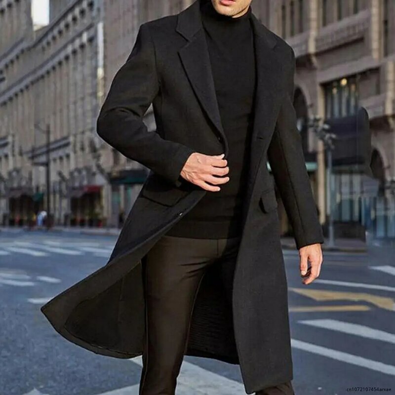 Long Trench Outerwear Winter Jackets Solid Long Sleeve Woolen Men Overcoat Streetwear Elegant Coat Autumn Mens Jacket Fleece