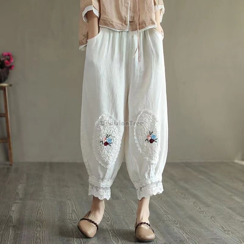 Calças de lanterna estilo chinês, renda bordada única, calças de design oco, linho de algodão solto diariamente, 2024