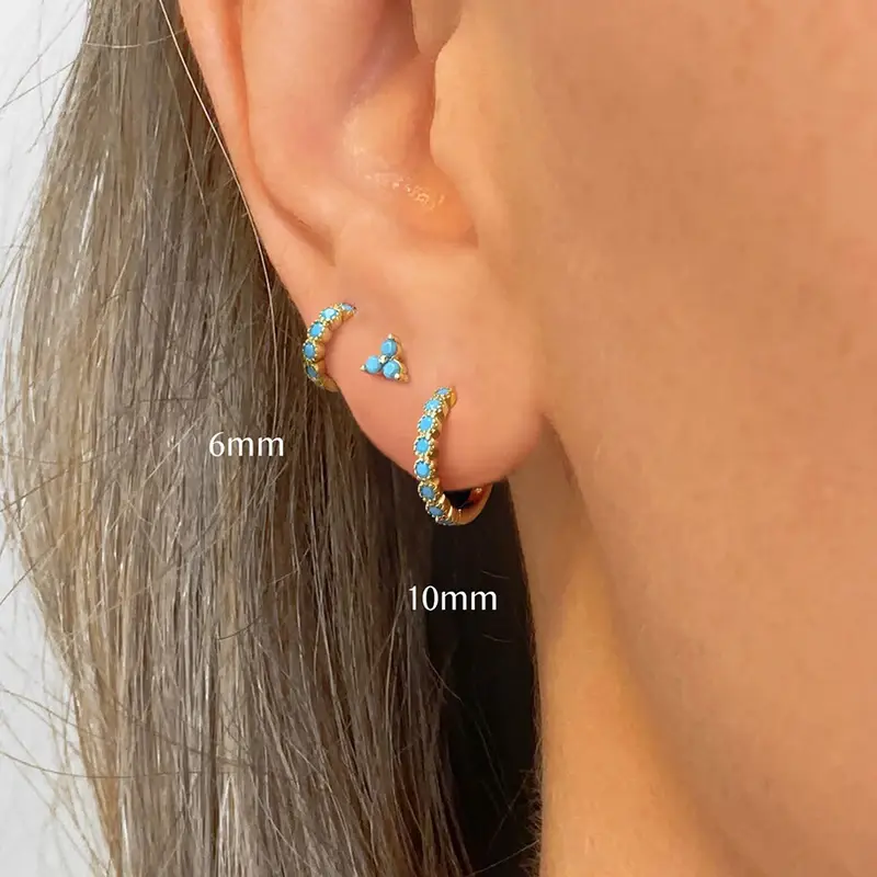 Boucles d'oreilles créoles en argent regardé 925 pour femmes, piercing d'oreille, pendentif géométrique, bleu, turquoise, accessoires de bijoux