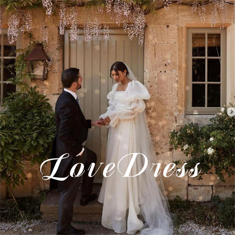 Amor-elegante colarinho quadrado plissado Puffy mangas compridas vestido de casamento chiffon, vestido a linha, até o chão vestidos nupciais, 2024