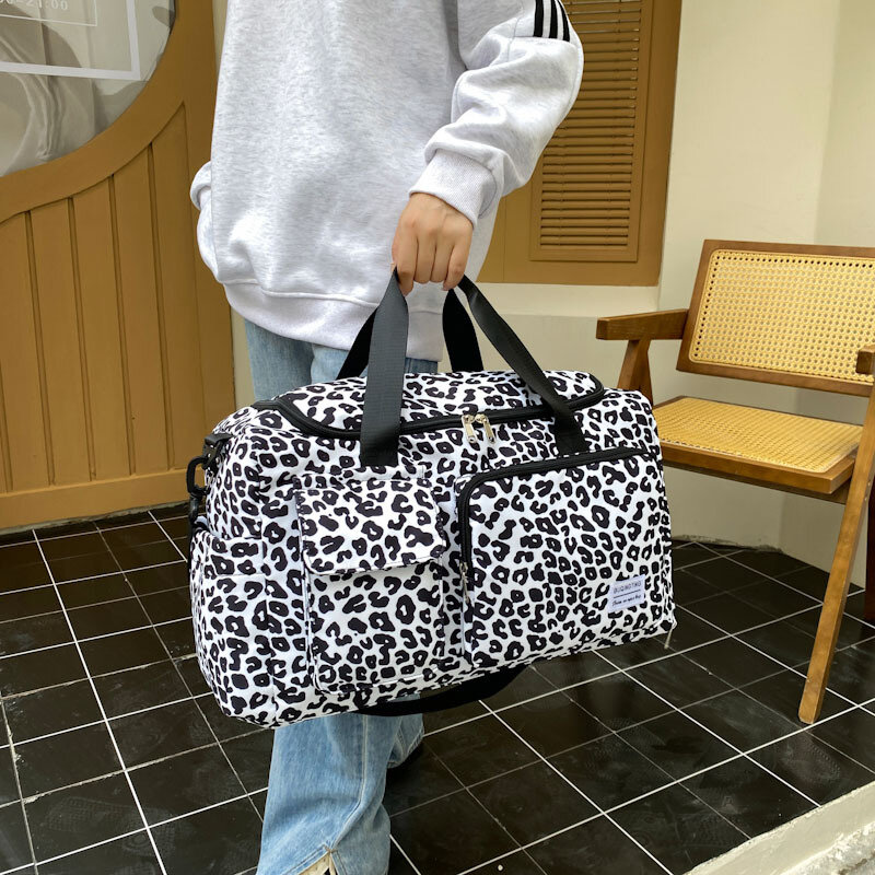 Nowa torba podróżna w panterkę Nylonowa torba sportowa o dużej pojemności z torbą do prania Weekend Overnight Baggage Bag