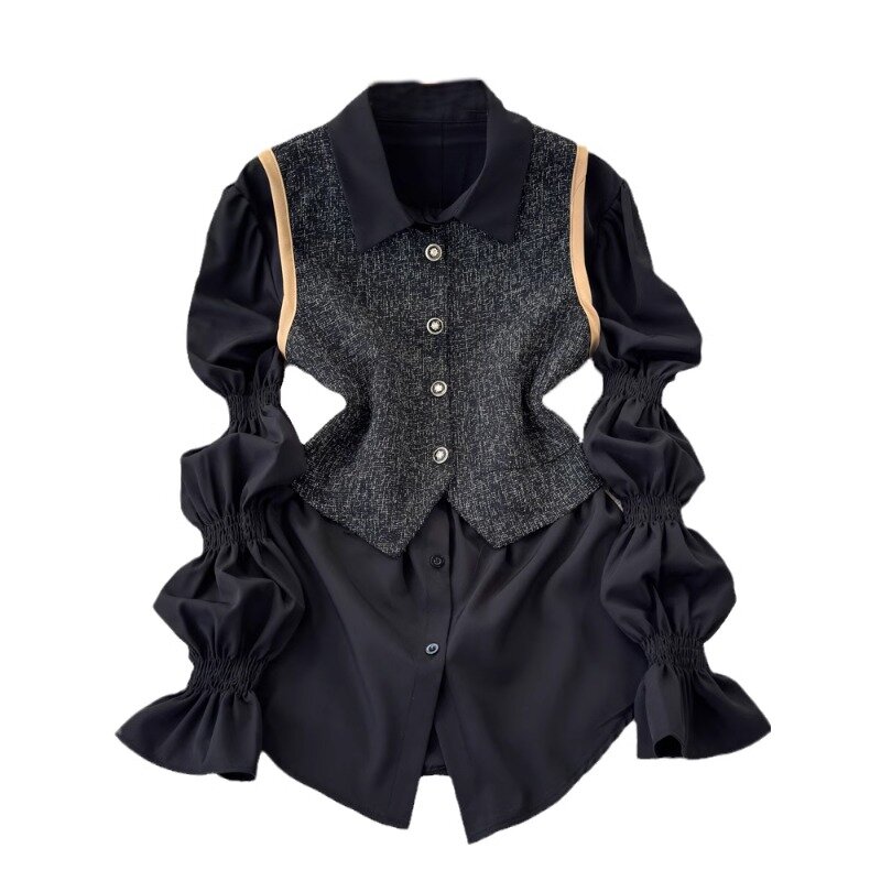 VANOVICH Spring and Autumn New Fashion Korean Style Long-sleeved Lapel Single-breasted Shirt O-neck Vest Women's Two-piece Set