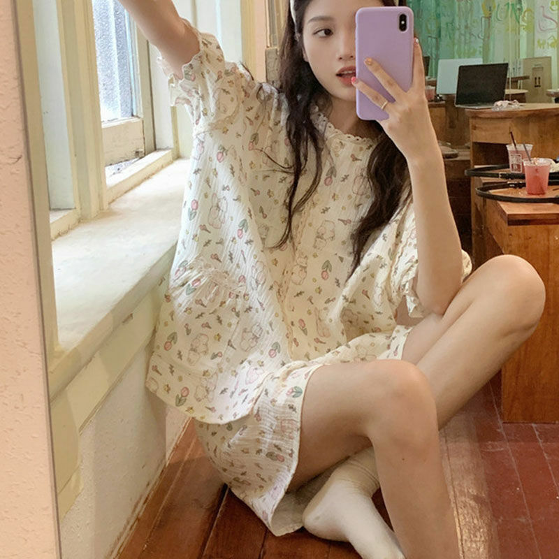 Kawaii Lace Sleepwear Women Two Pieces Sets Short Sleeve Cardigan Shorts Pajama Sets Summer Japanese Loungewear Nightwear Print