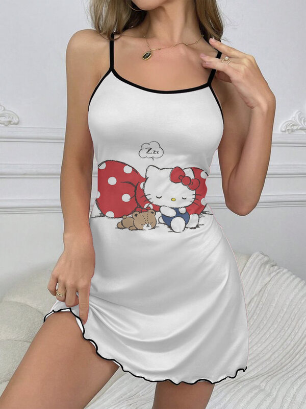 Falda de pijama de Hello Kitty con ribete de lechuga para mujer, minivestido Sexy de satén con cuello redondo, elegante, a la moda, verano, 2024