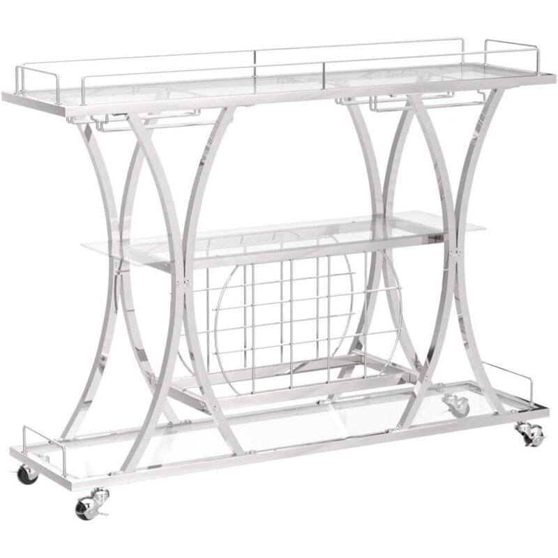Bar Serving Cart with Glass Holder and Wine Rack, 3-Tier  Trolley with Tempered Glass Shelves and Chrome-Finished Metal Frame