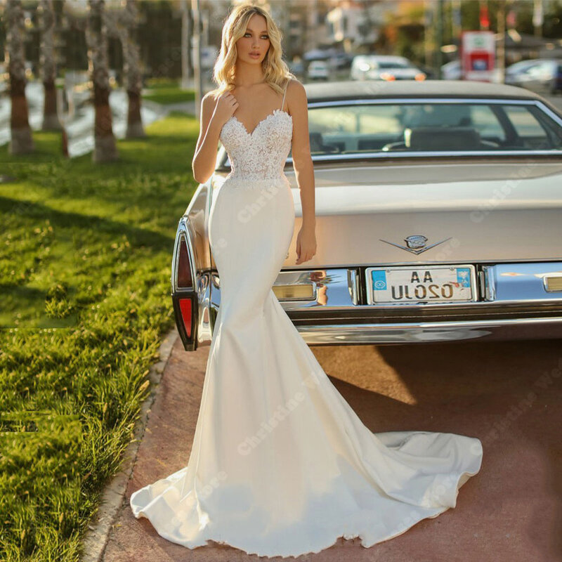 Gaun pernikahan wanita gading elegan 2024 gaun pengantin pengantin putri duyung Motif renda seksi gaun pengantin acara Formal tanpa lengan