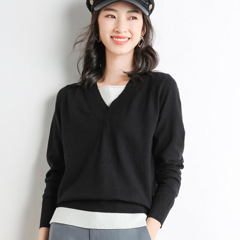 2022 Spring Autumn New V-Neck Sweater Women's Fake Two-Piece Color Matching Bottoming Pullover Sweater Loose Thin Korean Version