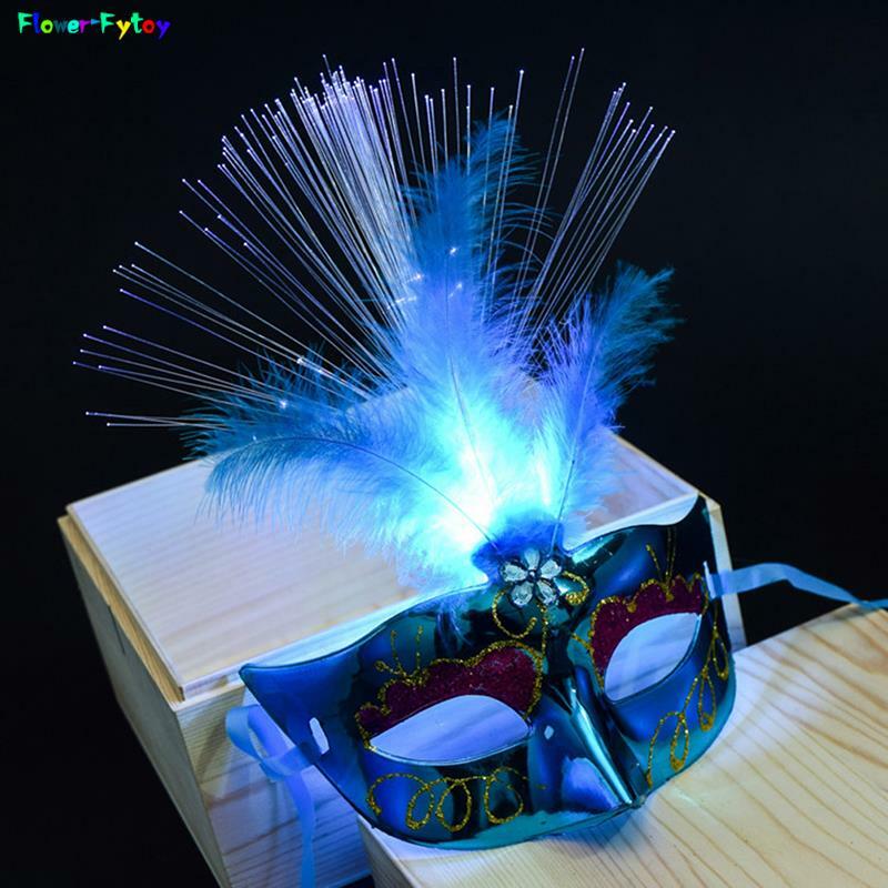 Masker lampu LED Halloween warna-warni, perlengkapan dekorasi masker bulu putri pesta Prom serat optik