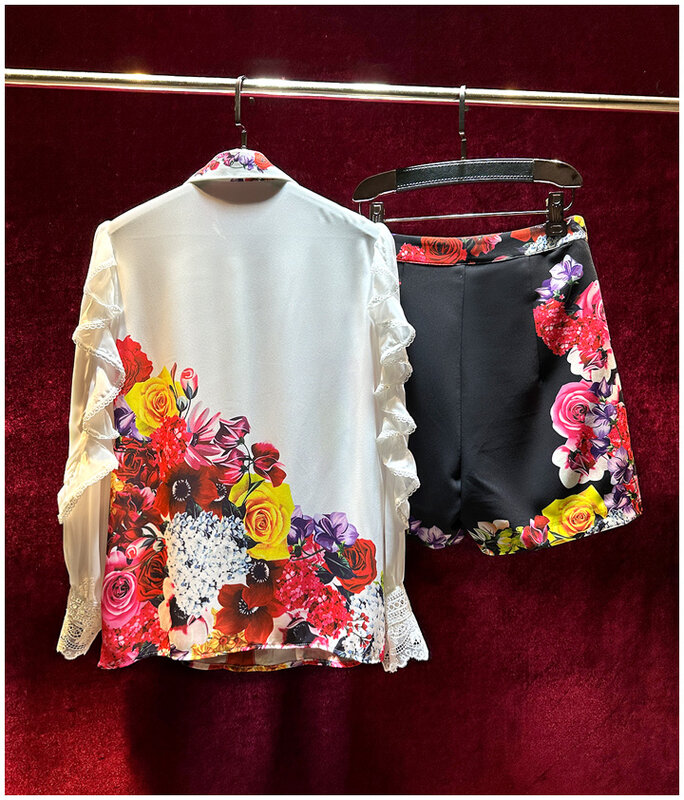 lingzhiwu Print Shorts Set Fashion Cute Designer Blouse Shorts Suit Female Two Piece Twinset 2024 Summer Ruffle Sleeve NewArrive