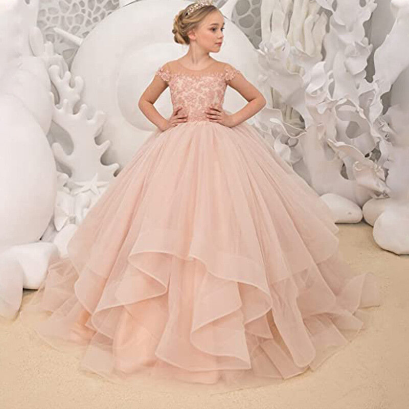 Classic Flower Girl Dress With Bow Lace Appliques Long Sleeve For Wedding Birthday Ball Gown First Holy Communion Dresses