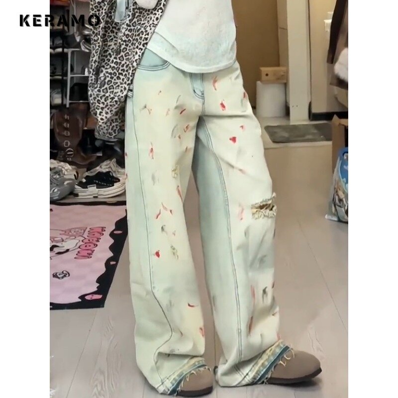 Amerykański Retro proste dżinsy z wysokim stanem podarte spodnie Hip-hopowe 2024 wiosenne damskie casualowe spodnie Streetwear Y2K