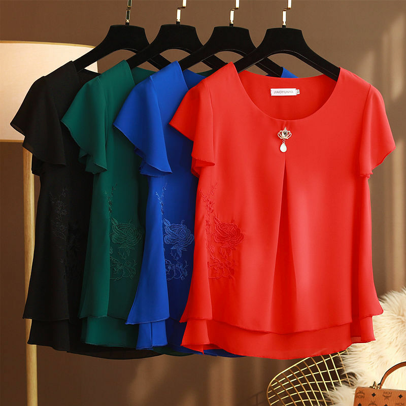 Летняя женская шифоновая блузка, рубашки, свободные женские топы с коротким рукавом и вышивкой