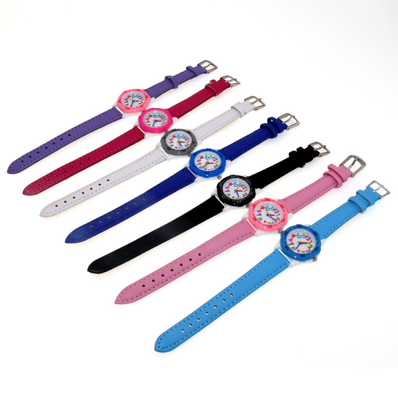 Cute Boys Girls Quartz Watch Kids Children's Leather Strap Student Time Clock Wristwatch Colorful Number Dial birthday Gifts