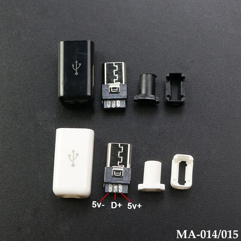 Juego de conectores de enchufe macho tipo soldadura Micro USB 5 pines, cargador 5P, toma de carga trasera USB 4 en 1, blanco y negro