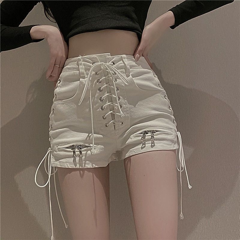 2023 nova bandagem sexy denim shorts mulheres streetwear gótico jeans mini cintura alta rendas até zip casual preto goth clube moda