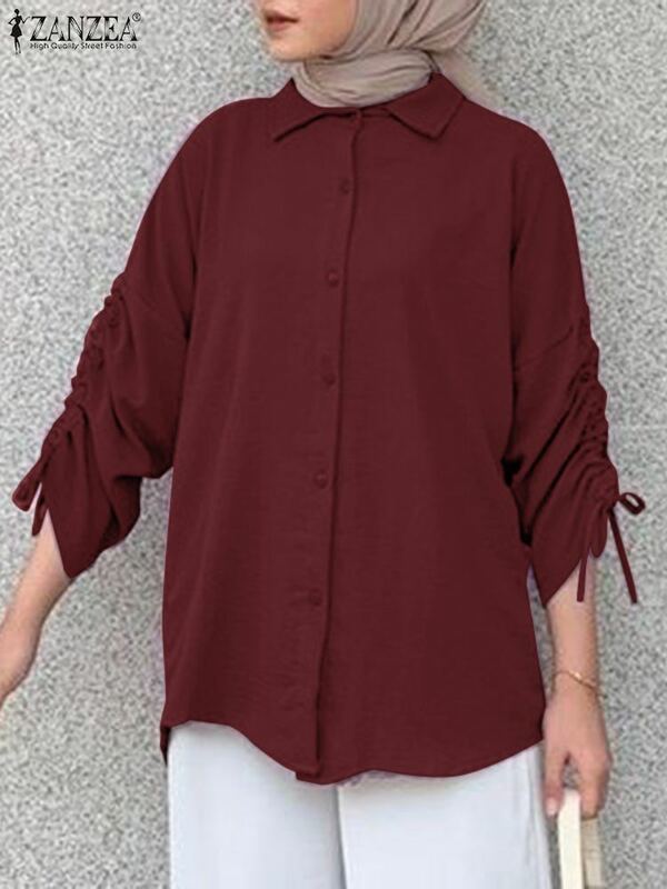 ZANZEA-Blusa con cuello de solapa para mujer, Tops Abaya musulmanes lisos, camisa Vintage de manga larga con cordón, Eid Mubarek, Otoño, 2023