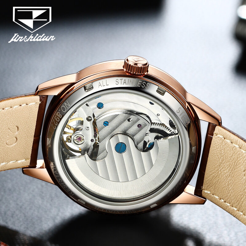 JSDUN jam tangan mekanis untuk pria bisnis desain Skeleton jam tangan tahan air tali kulit klasik hadiah untuk suami 8922