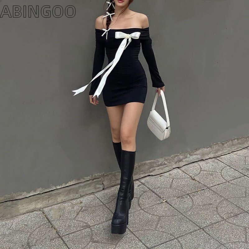 ABINGOO-Vestido de manga comprida preto fora do ombro, ajuste fino, decoração de arco grande, quadril, garota picante, ultra curto, roupas de outono