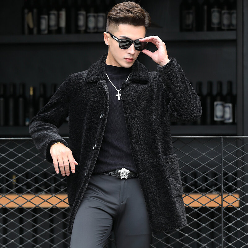 2023 outono inverno nova moda genuína casacos de pele de cordeiro masculino longo cor sólida outerwear masculino lã real casacos quentes u52