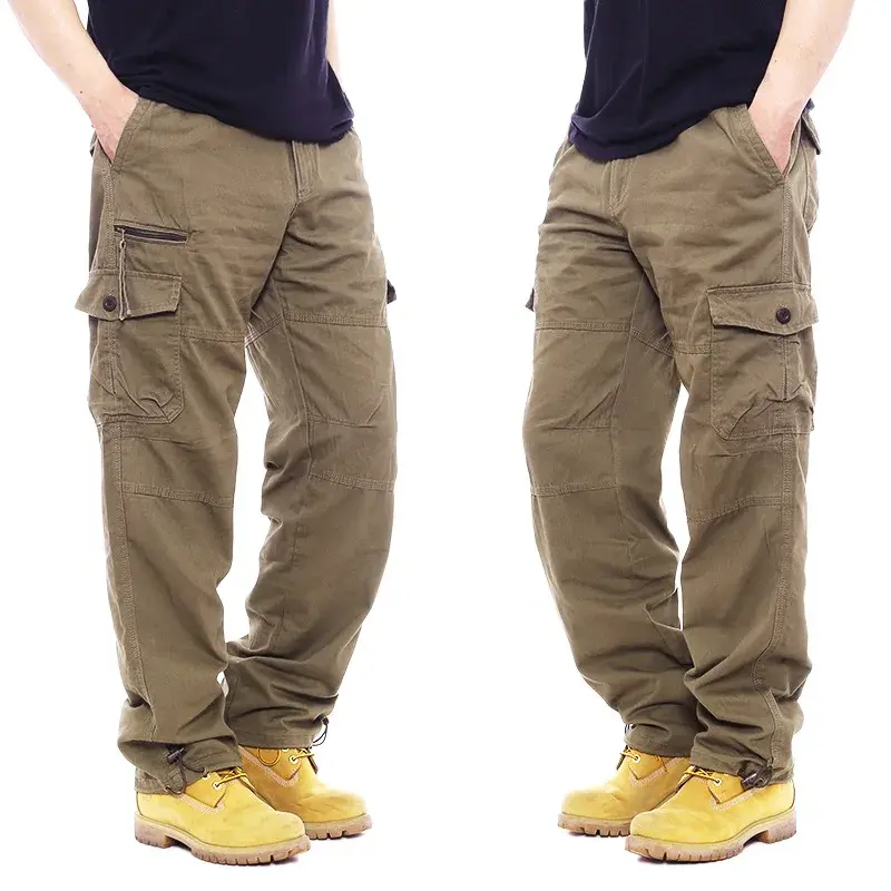 Monos de algodón simples para hombre, pantalones casuales, cintura elástica, talla grande, múltiples bolsillos, sitio de pantalones