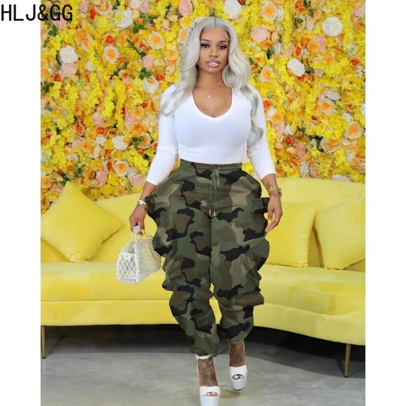 HLJ&GG Fashion Camouflage Printing Ruffle Design Sporty Pants Women High Waisted High Waisted Jogger Trousers Spring New Bottoms