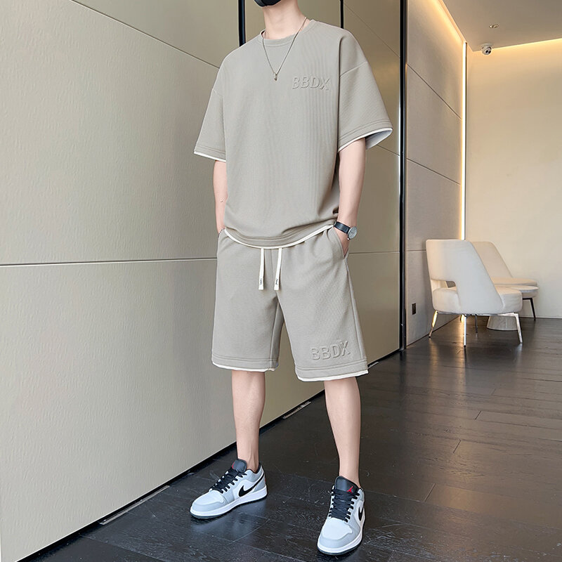 Setelan baju celana pendek pria, setelan baju hangat Mode gaya Harajuku pria musim panas 2 potong