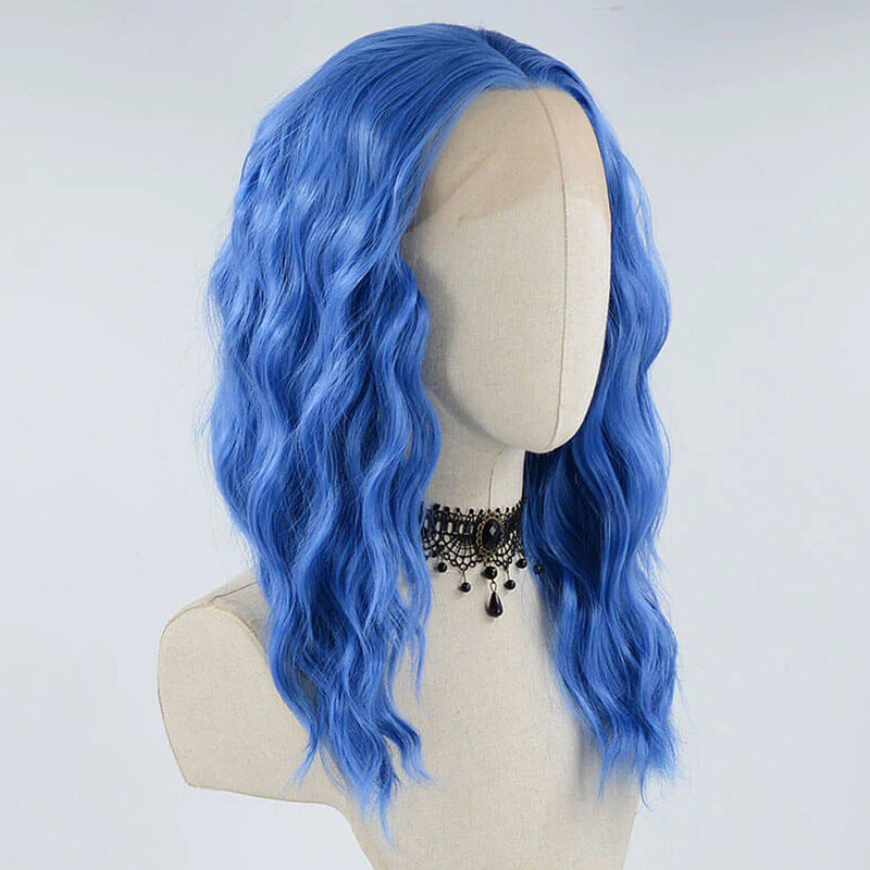 Niebieska krótkie peruki dla kobiet żaroodporna peruka syntetyczna koronka bezklejowa peruka luźna fala naturalną linią włosów koronkowa peruka na przód Cosplay