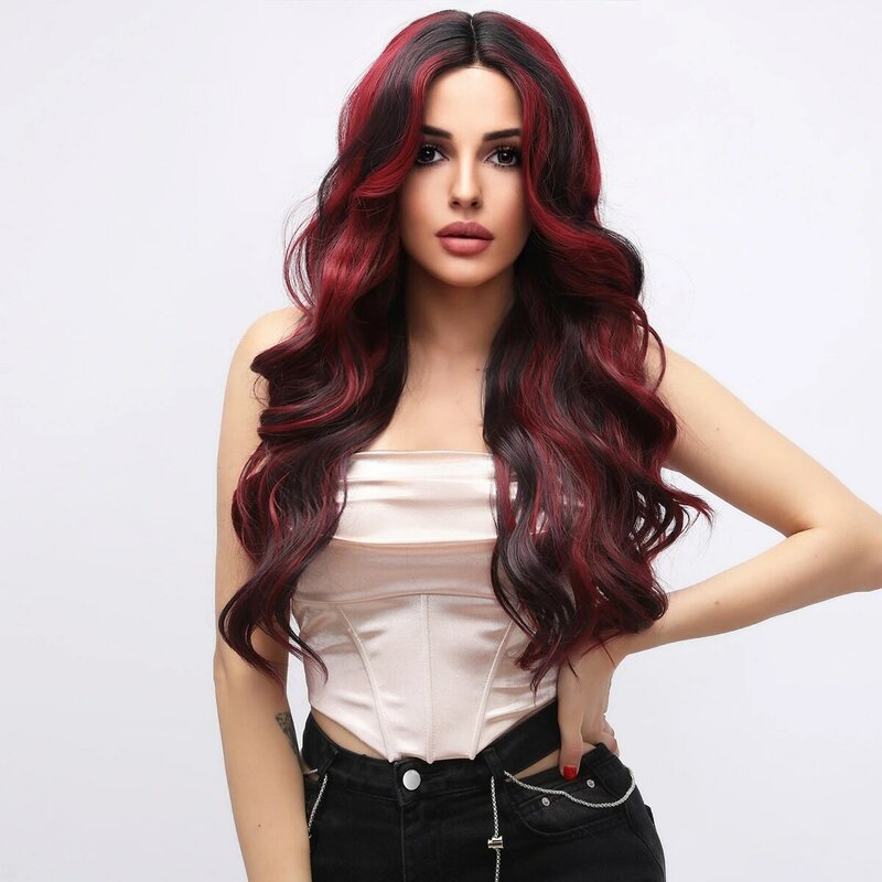 Smilco Red Synthetic Lace Front Curly Wigs For Women Long Wave Invisible Lace Front Preplucked Wig Daily Cosplay Heat Resistant