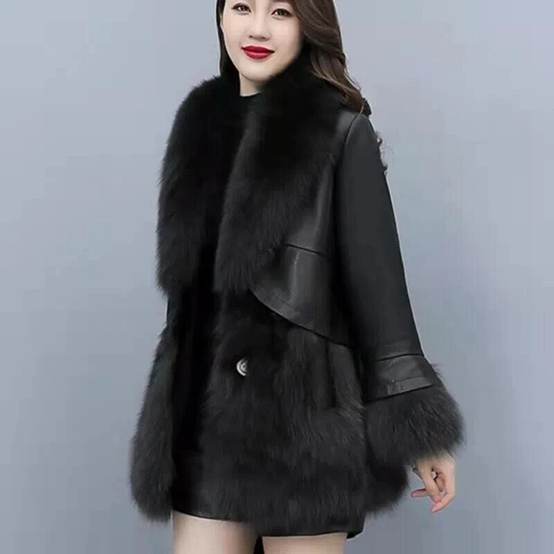 Faux Fur Coat 2022ฤดูหนาวหนัง PU แบบใหม่ Splicing เลียนแบบเลียนแบบขนสัตว์หญิงขนาดใหญ่หนา Outerwear