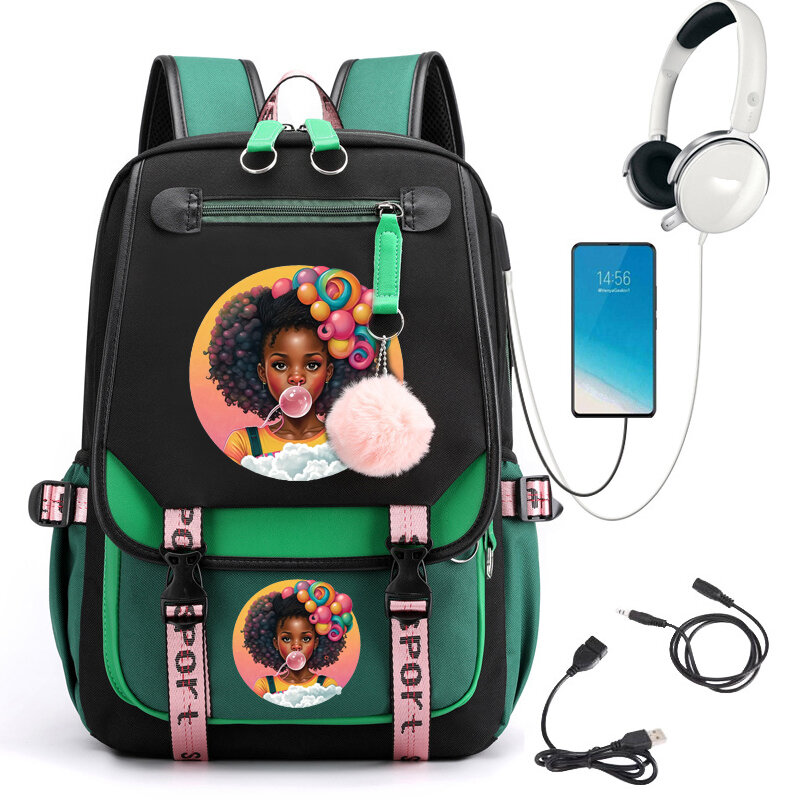 버블 예쁜 아프리카 소녀 프린트 학교 배낭 만화 학교 가방, 학생 십대 책가방, 노트북 모칠라 배낭 카와이 백팩