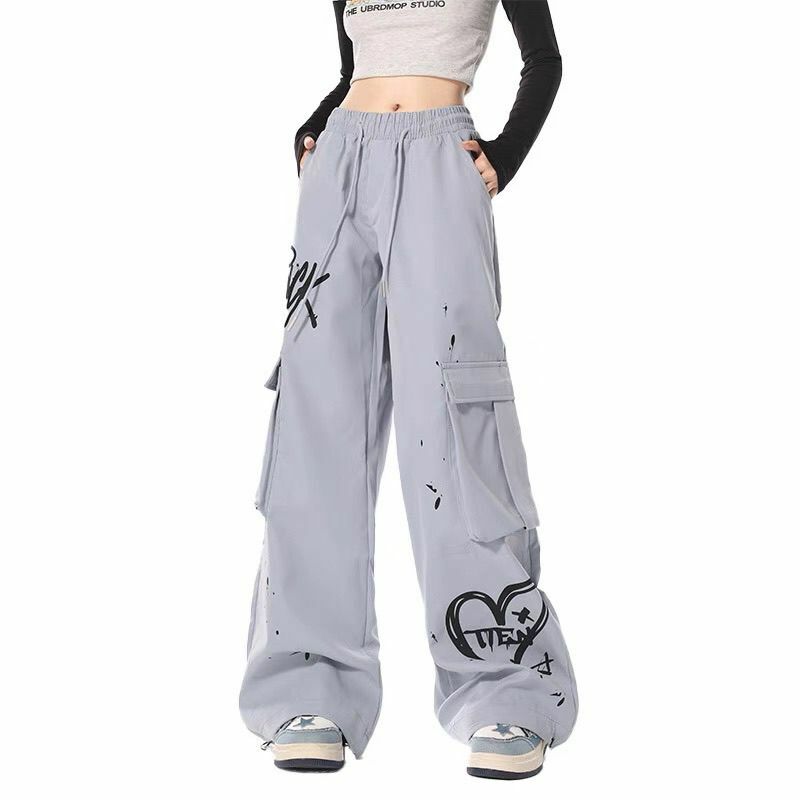 Dopamine Black Retro Cargo Pants Odzież damska 2024 Wiosna Jesień Graffiti Luźne proste Casualowe spodnie z szerokimi nogawkami Streetwear