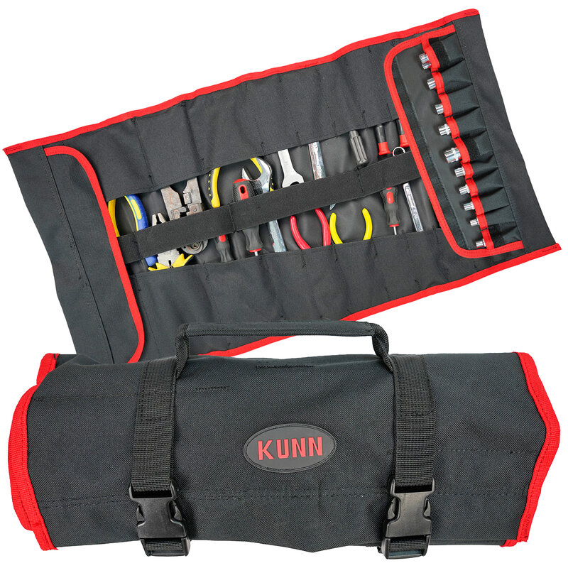 KUNN Tool Roll Organizer,,Wrench & Screwdriver Tool Pouch Heavy Duty 32 Pockets Roll Up Tool Bag,Black/Red