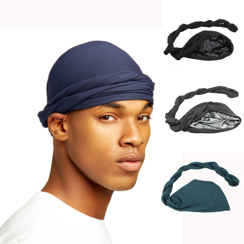 Turban élastique avec doublure en satin pour homme, bandana extensible, casquette indienne, casquettes hip hop pour homme, bande de sauna, enveloppement de motard, mode masculine, nouveau, 2022
