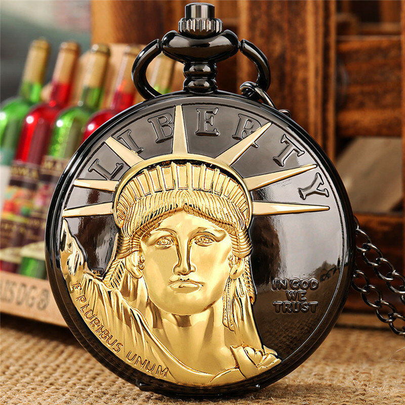 Reloj de bolsillo antiguo con cubierta de Estatua de la libertad para hombre y mujer, relojes analógicos de cuarzo con número romano, collar con cadena colgante