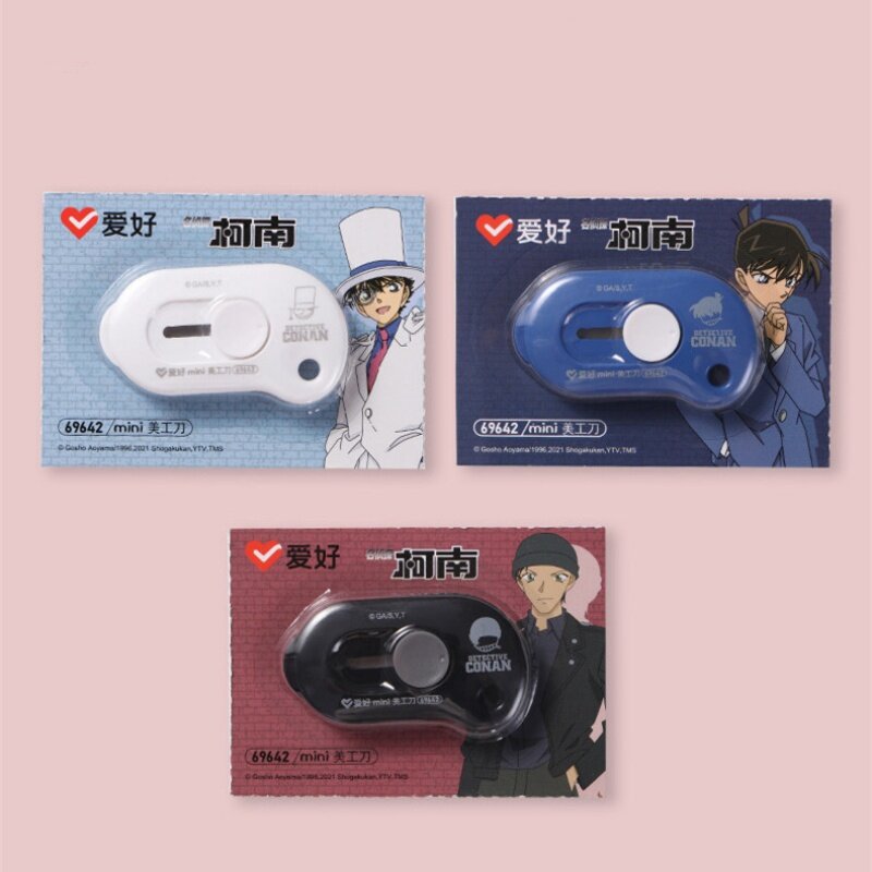 3pcs AIHAO 69642 Mini Retractable Detective CONAN Utility Knife Box Letter Cutter Kawaii Student Office Stationery Portable