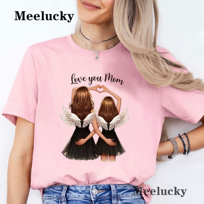 Love You Mom Women Cartoon Mom Girl Print Women T-shirts Top Women Graphic Female O-Neck Mother's T Shirts