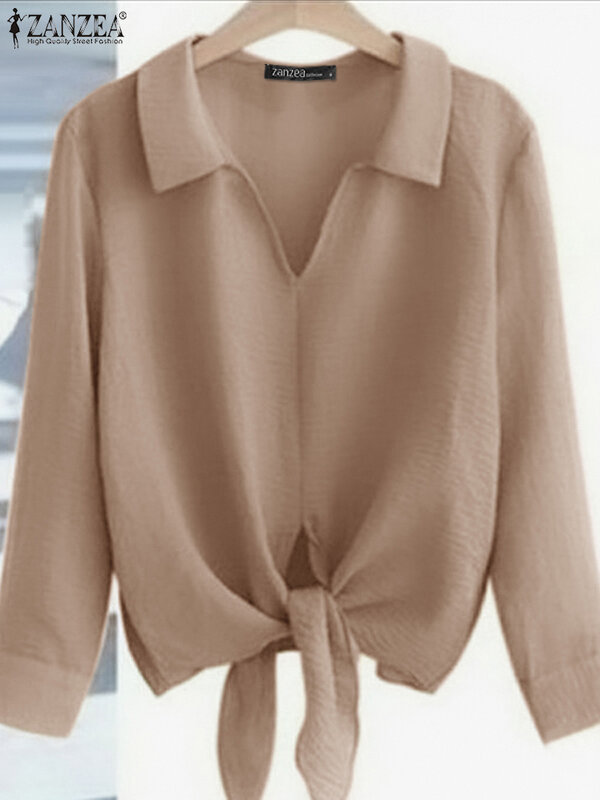 Блузка ZANZEA Женская с длинным рукавом, Офисная модная повседневная Свободная рубашка с V-образным вырезом, Стильная сорочка с завязкой на подоле, однотонная, весна 2024