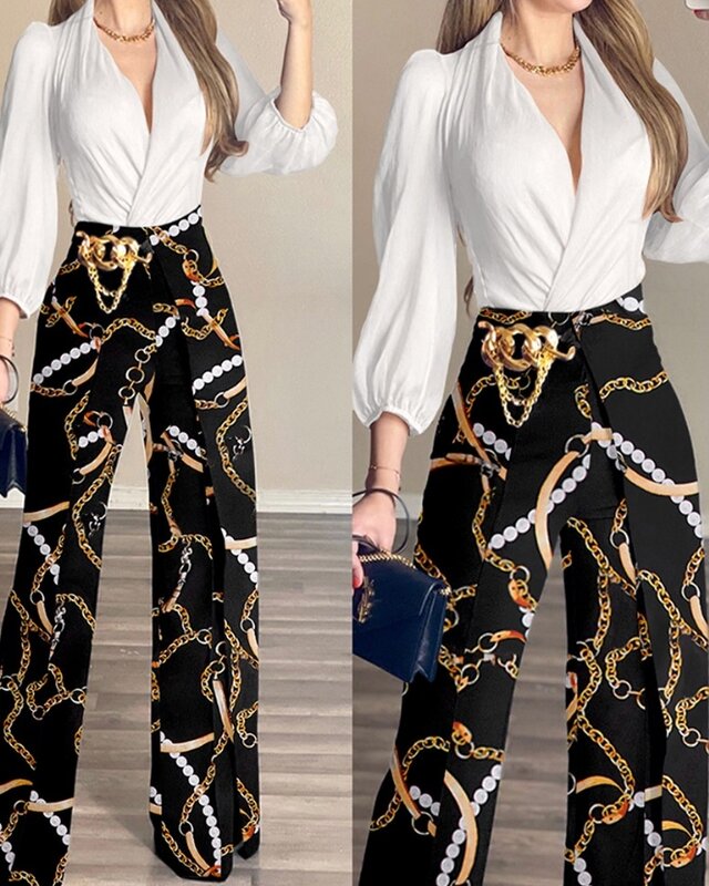 Female Fashion Chain Print Fake Two Piece Work Pants Female Casual Clothing New Women's Elegant High Waist Trousers