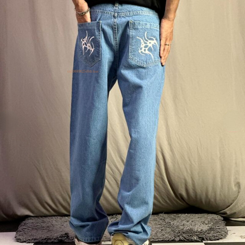Fala dżinsy z nadrukami mężczyzn i kobiet amerykański Retro niebieską dżinsy in siateczkowo-czerwone luźne proste spodnie w stylu ulicznym