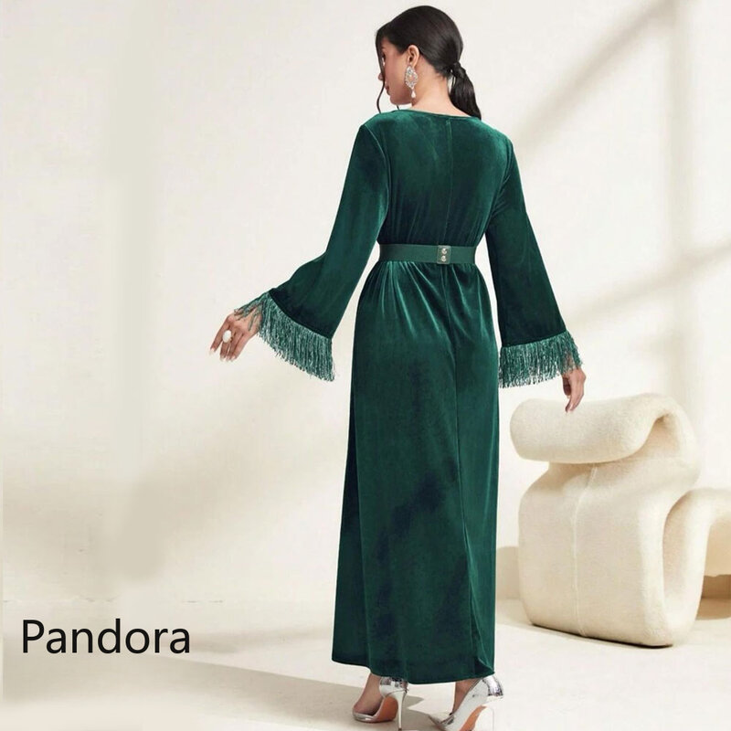 Pandora Beaded Long Women's Formal Evening Gown Long Sleeve V-neck Ankle-length A-line Wedding Birthday Ball Party Dress