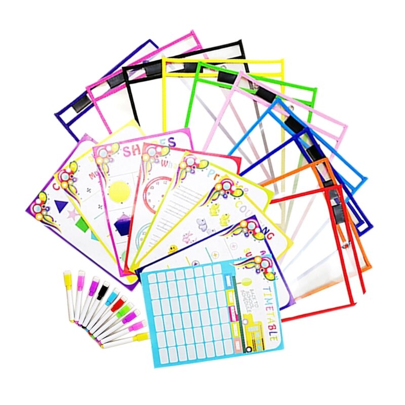 10 Pieces Worksheet Pocket Waterproof Pockets with Marker, Pen Slot, 10x13.77In Clear Plastic Sheet Protectors