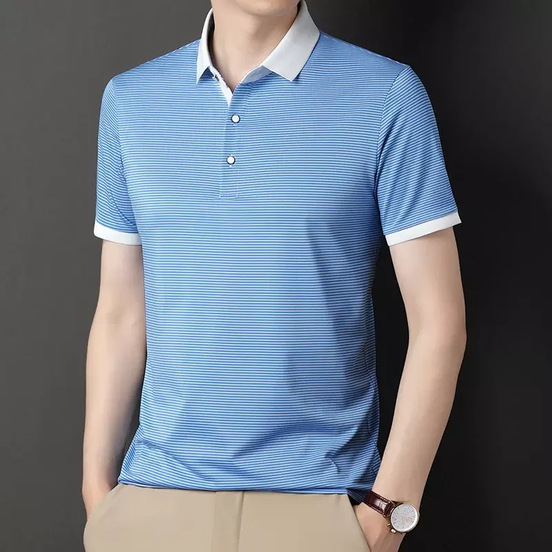 Модная мужская полосатая рубашка-поло, топ для умного повседневного делового отдыха на весну/лето