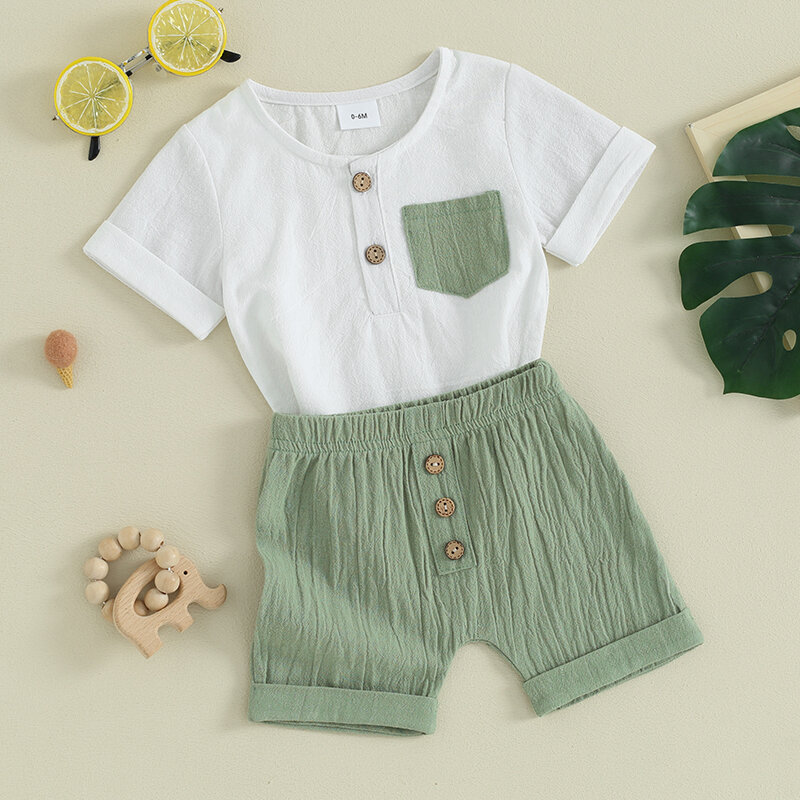 VISgogo-طقم ملابس للأولاد ، تي شيرت بأكمام قصيرة مع خصر مرن شورت ، لون متباين ، ملابس صيفية ، 2 فضفاض