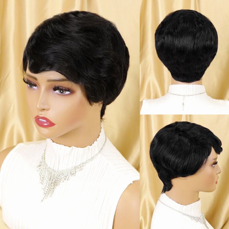 Peluca de cabello humano con flequillo para mujeres negras, pelo corto y liso con corte Pixie, rizado Natural, barata