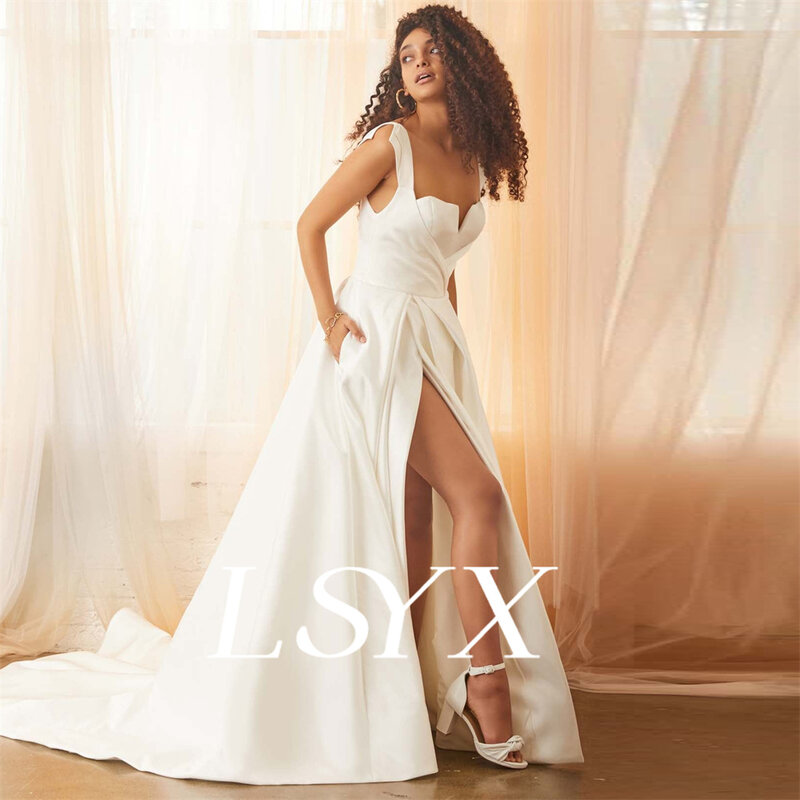 LSYX-vestido de novia plisado de satén para mujer, prenda sencilla con cremallera, longitud hasta el suelo, abertura lateral alta, personalizado