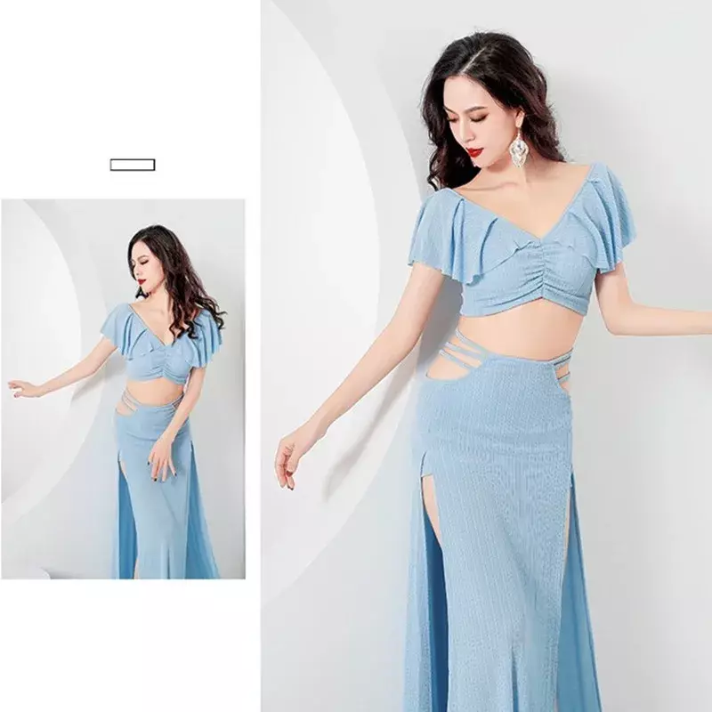 Girl's Belly Dance Practice Clothes Short Sleeves Top+split Long Skirt 2pcs Oriental Cotton Group Suit Belly Dancing Wear Outfit
