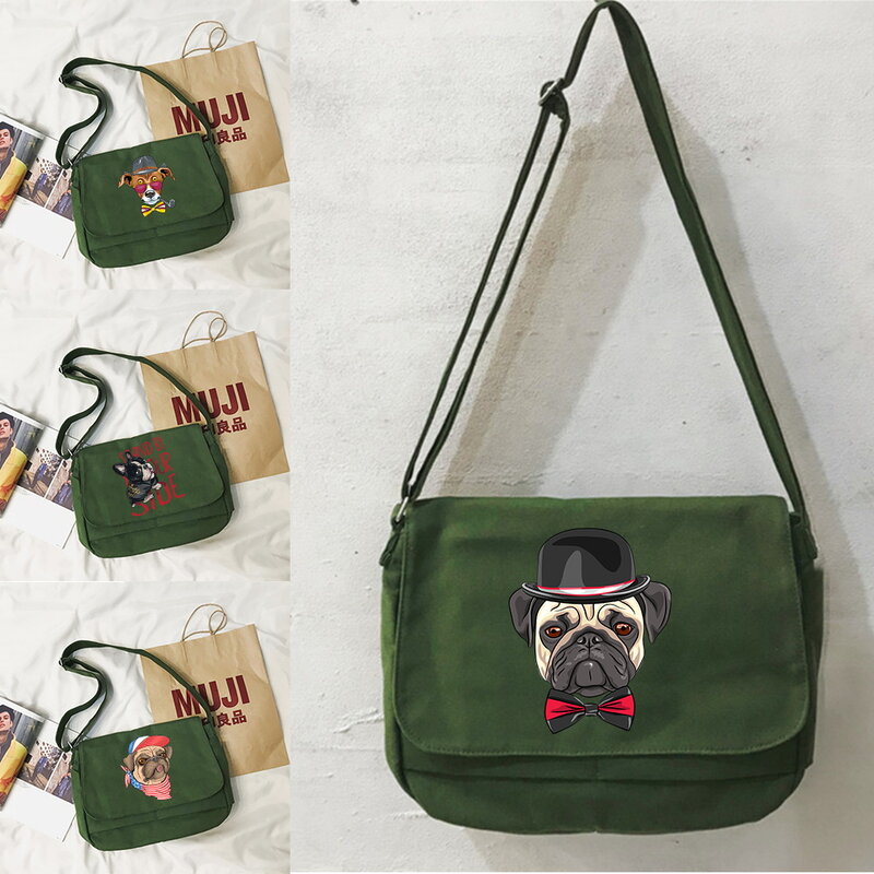 Bolsa de mensajero multifunción japonesa para hombre, bolso de mano sencillo e informal, portátil, con patrón de perro, a la moda
