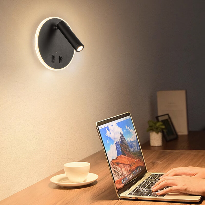 Lâmpada de parede circular LED com carregamento USB, 330 ° Rotating Lamp Head, fiação interior livre, sucção magnética, iluminação, doméstico, bateria, 6W