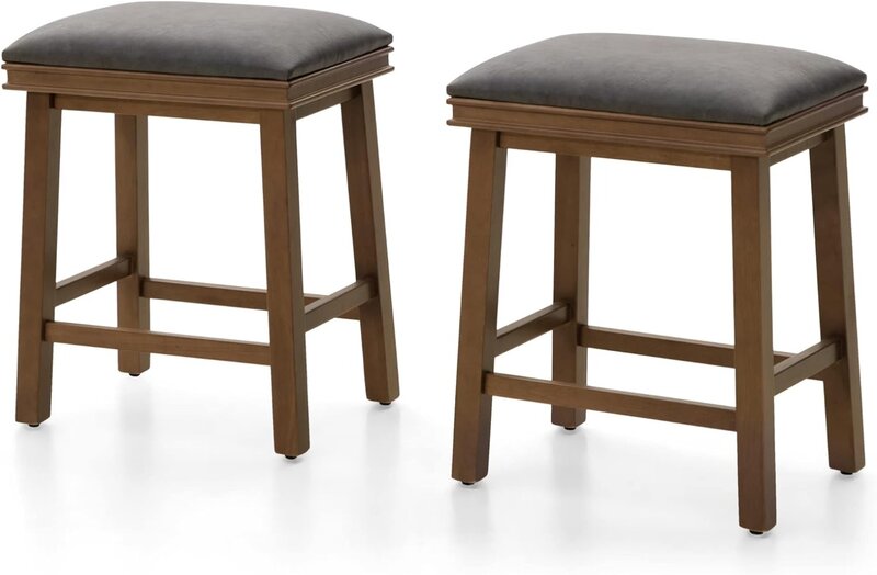 Grey Solid Wood Bar Stools Set of 2 for Kitchen Counter Counter Height Classic Barstools Faux Leather Farmhouse Upholstered